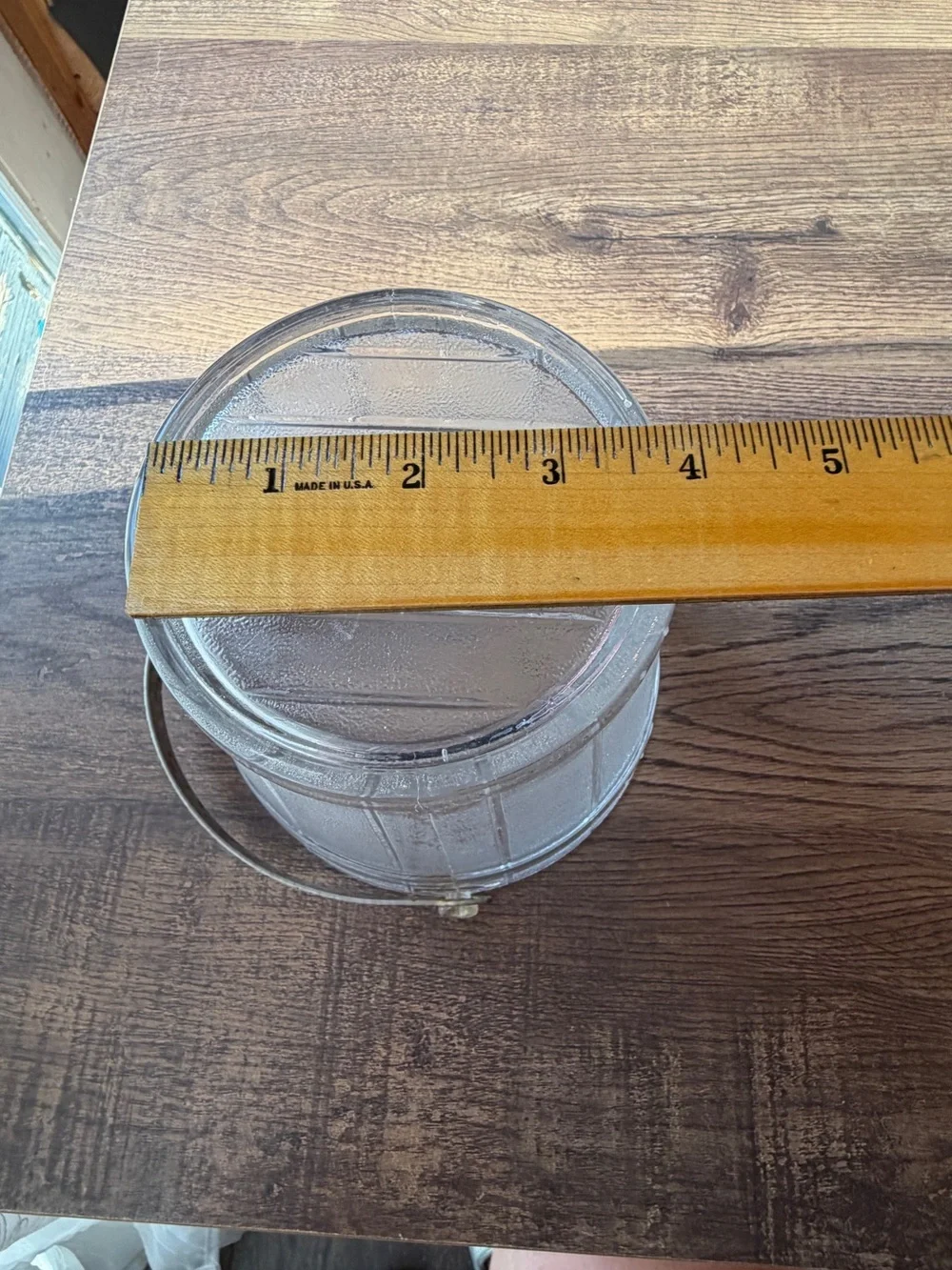 Vintage Clear Textured Glass Ice Bucket with Metal Swing Handle~Mid Century Era